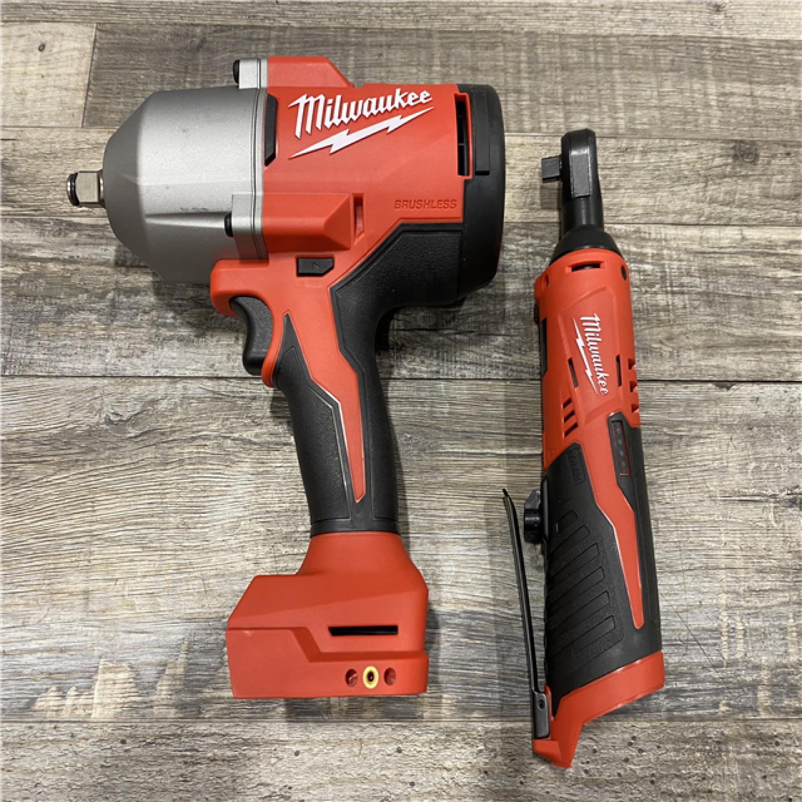 AS-IS Milwaukee 12/18V Lithium-Ion Cordless 3/8 in. Ratchet and 1/2 in. High Torque Impact Wrench with Friction Ring Combo Kit