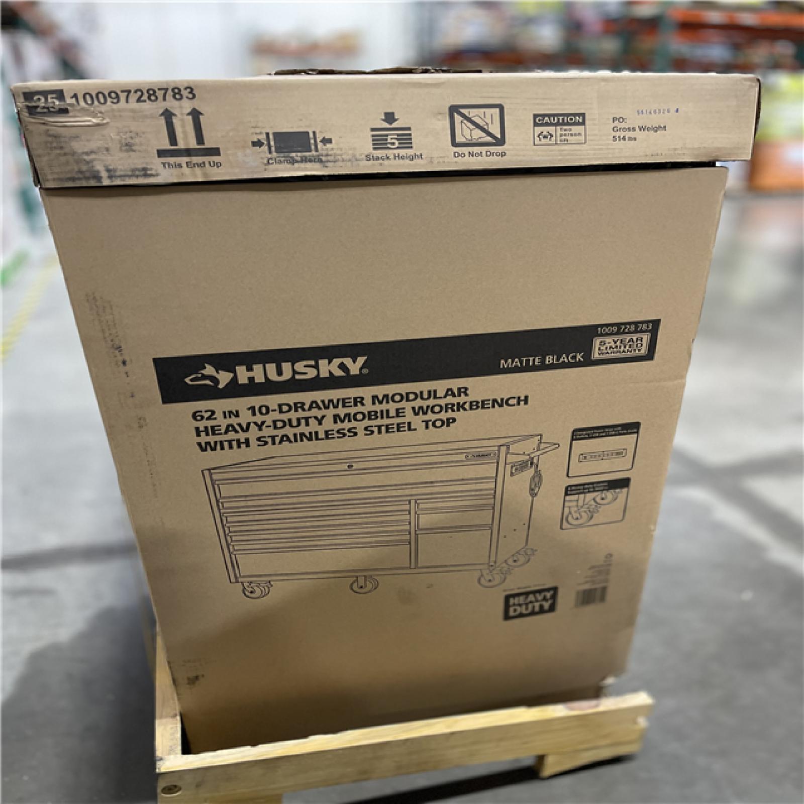 DALLAS LOCATION- NEW!- Husky Modular Tool Storage 62 in. W X 24 in. D Heavy Duty Matte Black Mobile Workbench Cabinet with Stainless Steel Top