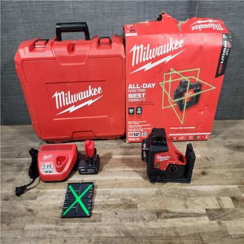 HOUSTON LOCATION - AS-IS (APPEARS LIKE NEW) Milwaukee-3632-21 M12 Green Beam Laser 360° 3-Plane Kit