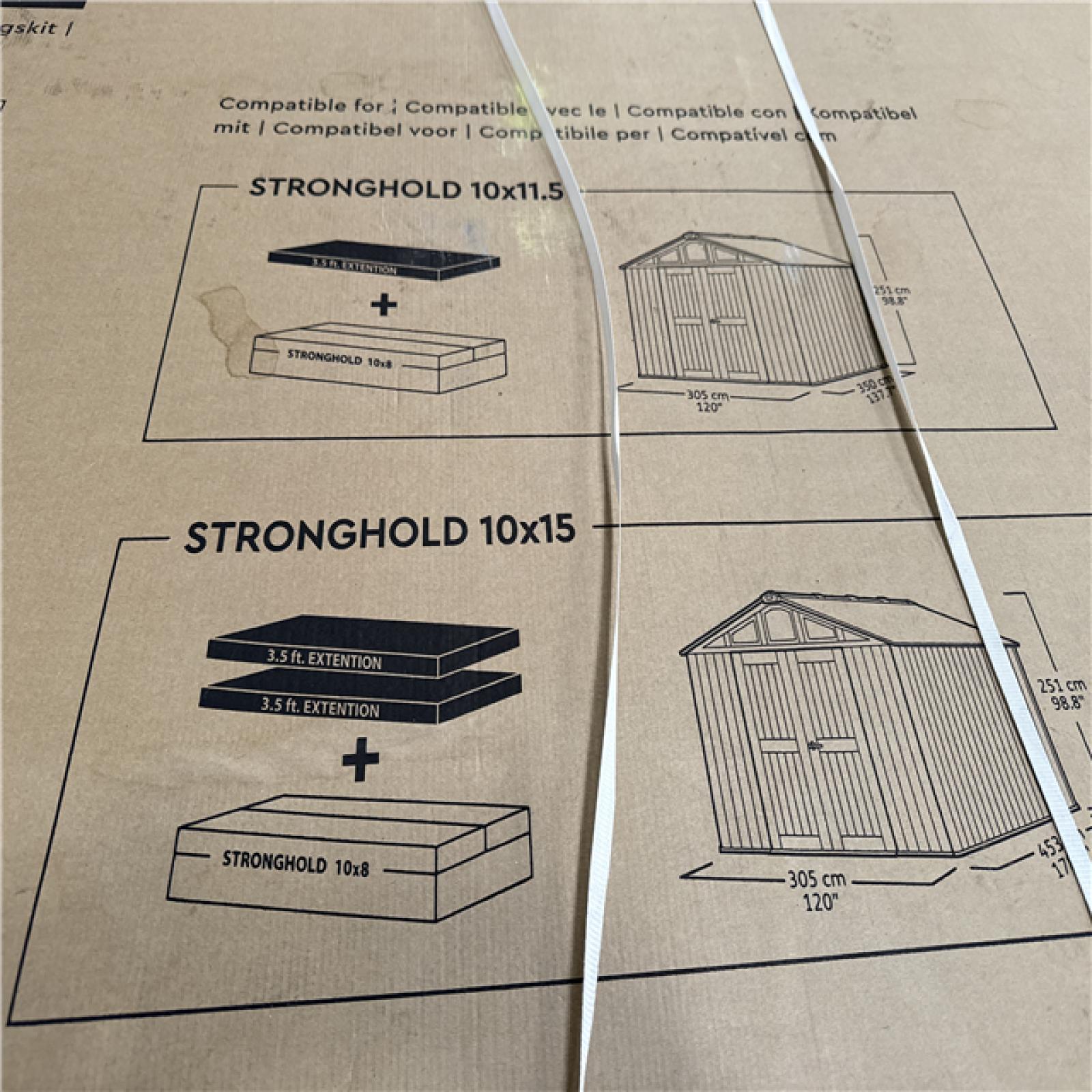 California AS-IS Keter Stronghold Shed (10x 15) Includes 3.5 ft. Extension Kit (Damage Boxes)