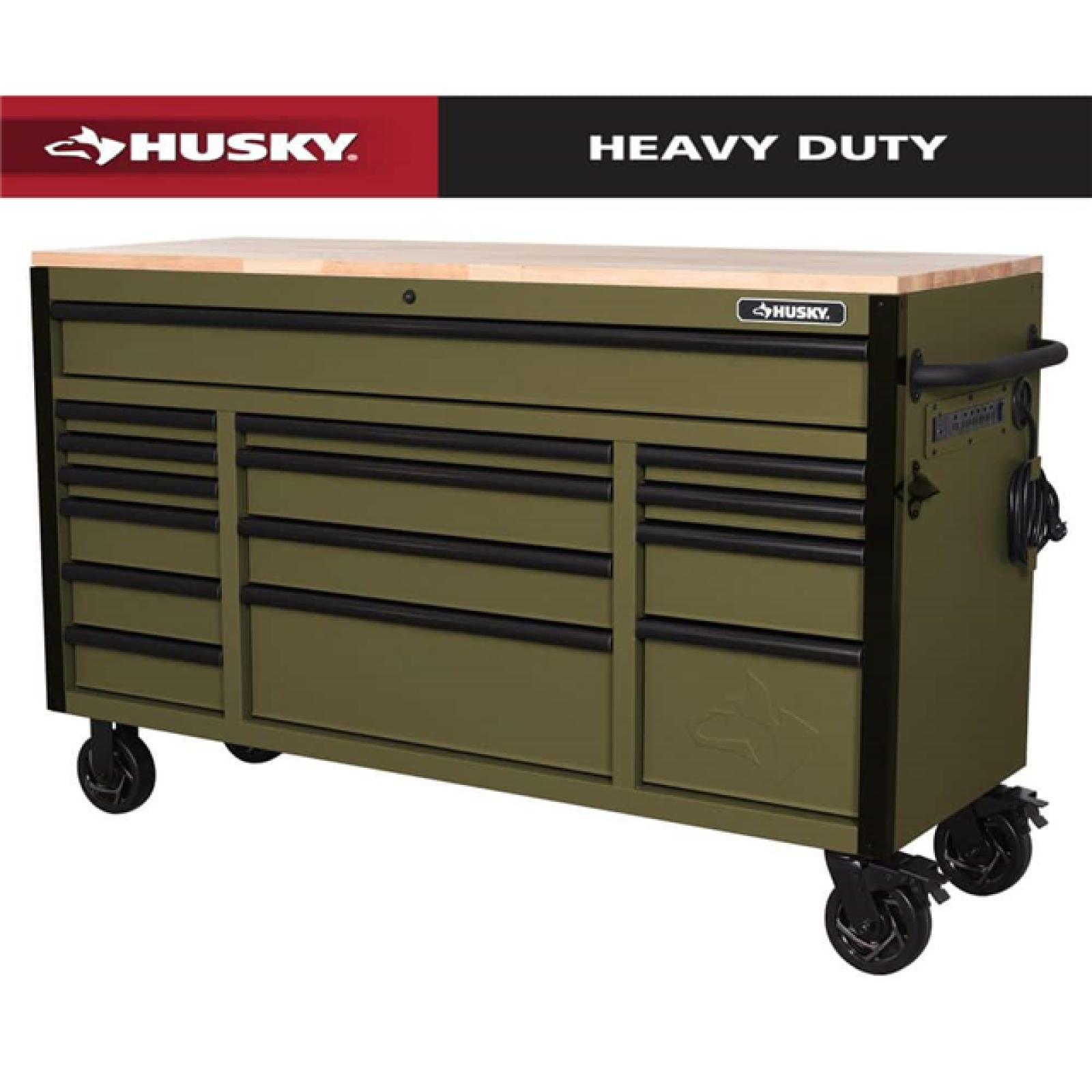 Phoenix Husky Heavy Duty 61 in. W x 23 in. D 15-Drawer Matte Army Green Mobile Workbench Cabinet with Solid Wood Top