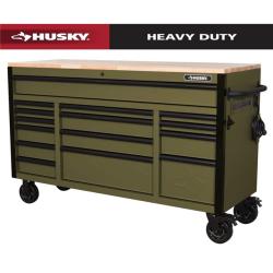 Phoenix Husky Heavy Duty 61 in. W x 23 in. D 15-Drawer Matte Army Green Mobile Workbench Cabinet with Solid Wood Top