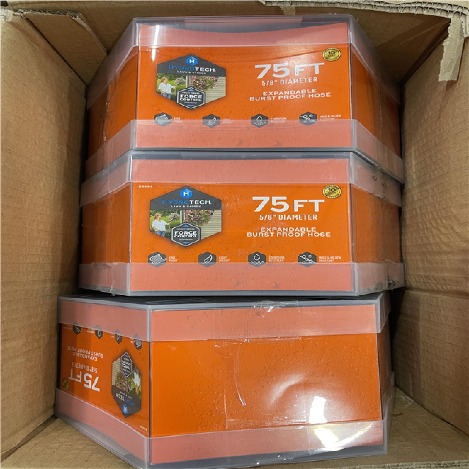 DALLAS LOCATION -NEW! Hydrotech 5/8 in. x 75 ft. Expandable Burst Proof Hose PALLET (51 UNITS)