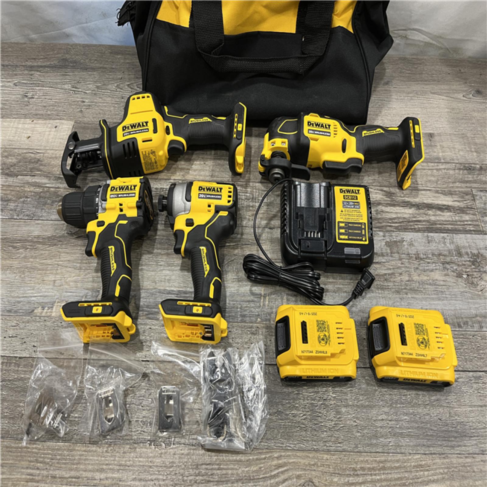 AS-IS DEWALT ATOMIC 20-Volt Lithium-Ion Cordless Brushless (4-Tool) Combo Kit