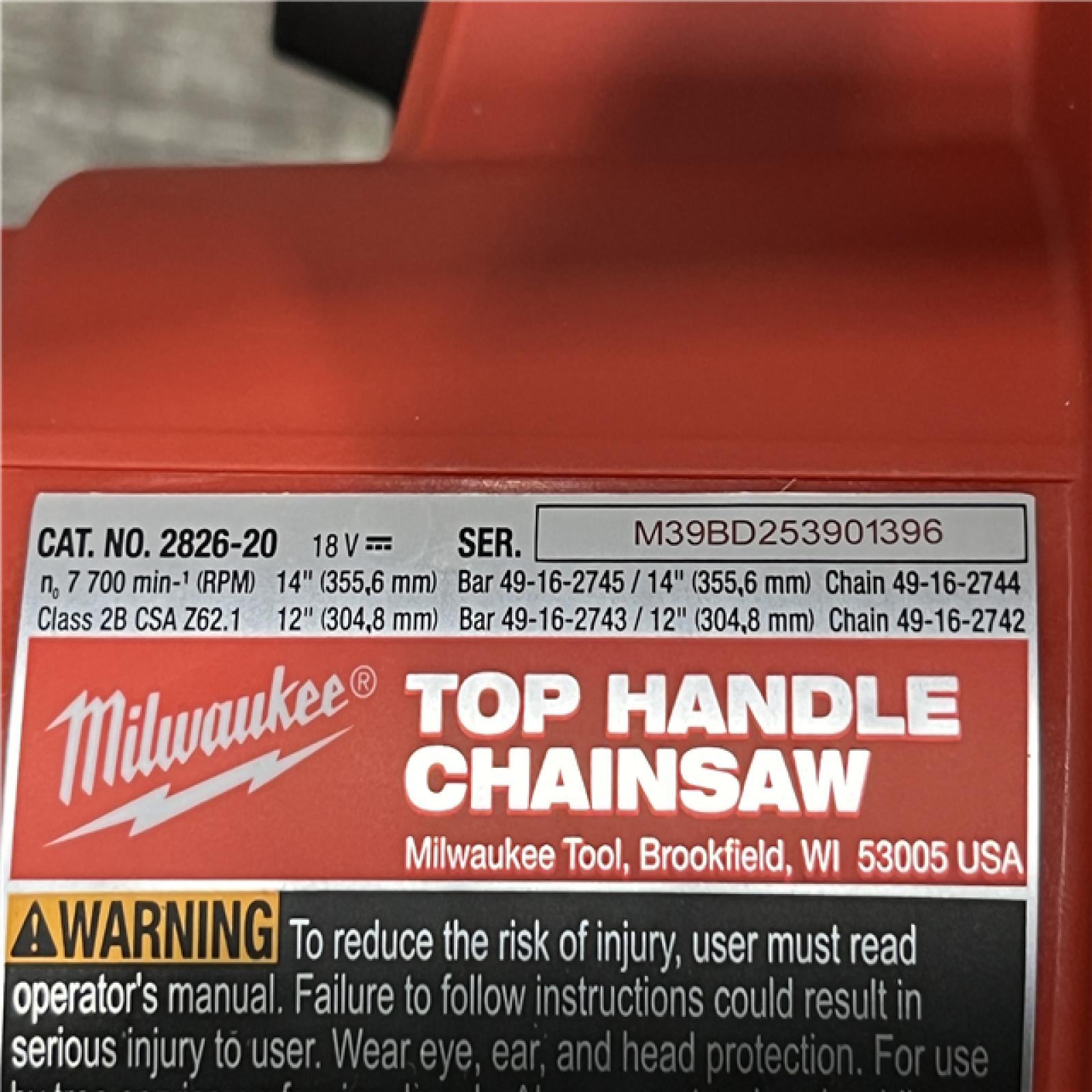 AS-IS Milwaukee FUEL 14 in. 18V Lithium-Ion Brushless Cordless Battery Top Handle Chainsaw (Tool Only)