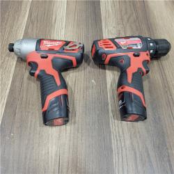 AS-IS Milwaukee 2494-22 M12 Cordless Combination 3/8  Drill / Driver and 1/4  Hex Impact Driver Dual Power Tool Kit (2 Lithium Ion Batteries  Charger  and B
