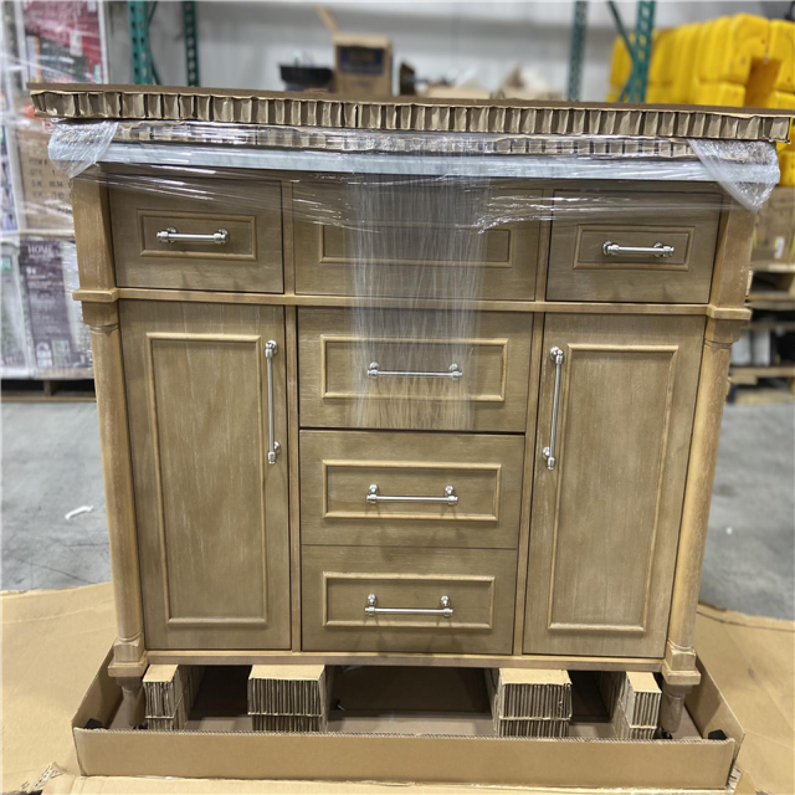 DALLAS LOCATION -Home Decorators Collection Aberdeen 48 in. Single Sink Antique Oak Bath Vanity with Carrara Marble Top (Assembled)