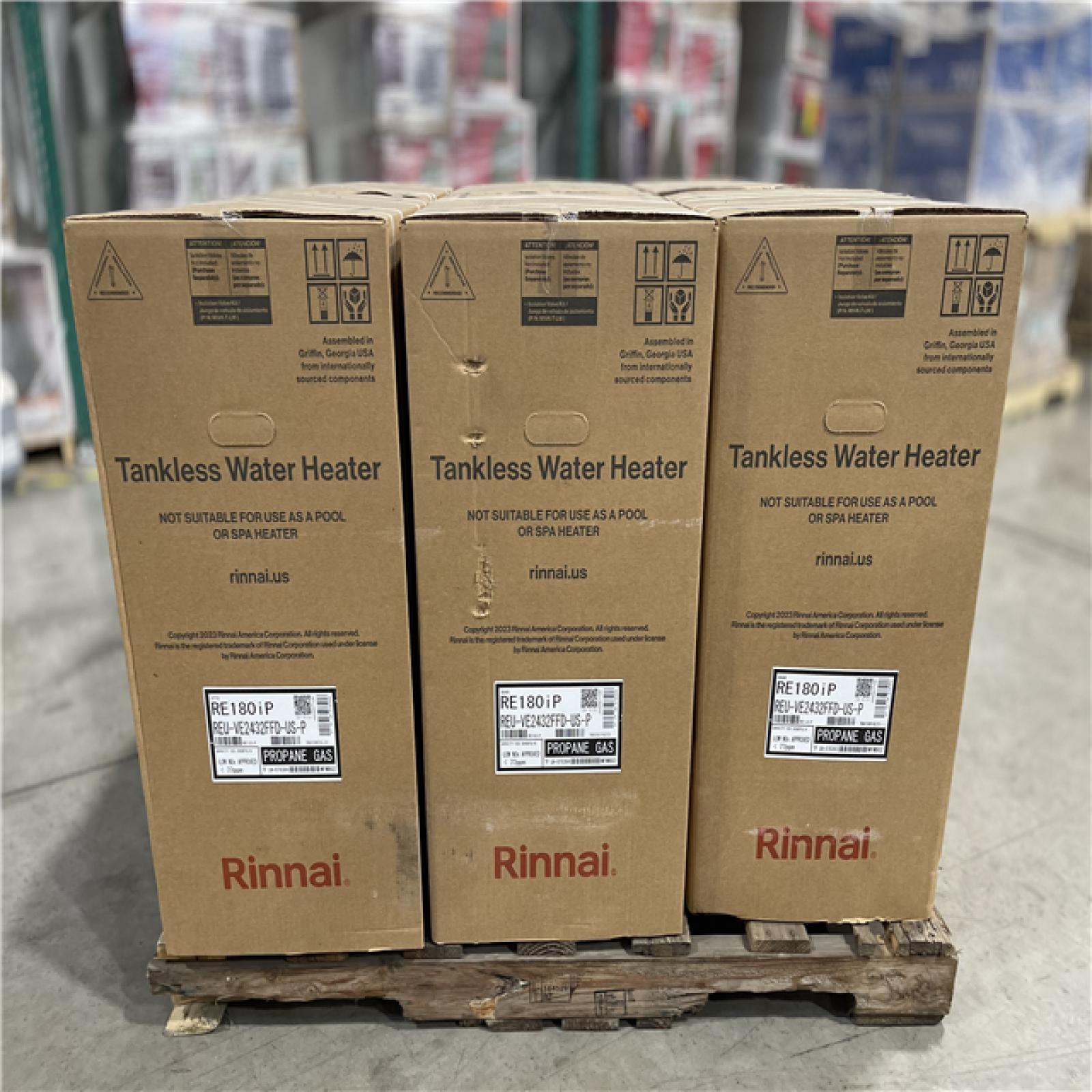 DALLAS LOCATION- NEW!- Rinnai 8.5 GPM 180 000 BTU Interior Propane Gas Tankless Water Heater PALLET (6 UNITS)