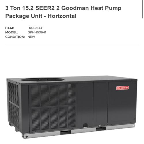 Houston Location AS IS - Goodman 3 Ton 15.2 SEER2 2 Heat Pump Package Unit