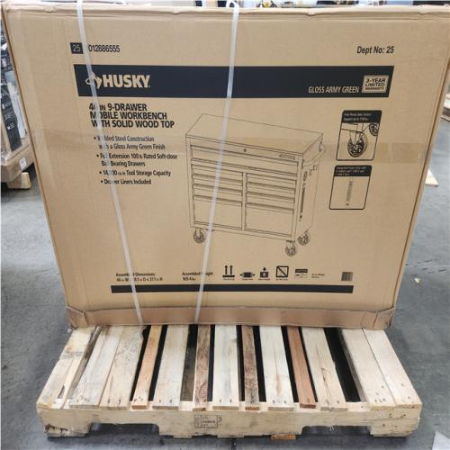 Phoenix NEW Husky 46 in. W x 18.1 in. D 9-Drawer Army Green Mobile Workbench Cabinet with Solid Wood Top