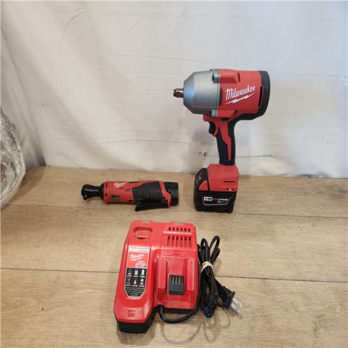 AS-IS- Milwaukee 12/18V Lithium-Ion Cordless 3/8 in. Ratchet and 1/2 in. High Torque Impact Wrench with Friction Ring Combo Kit