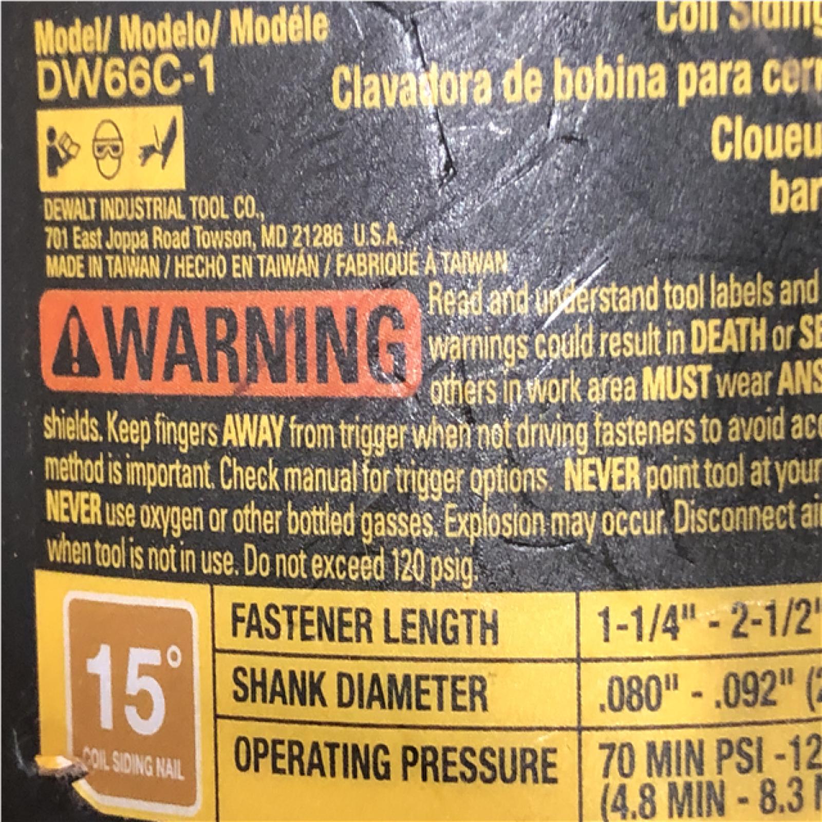 AS-IS DEWALT DW66C-1 2-1/2 Inch 15 Degree Coil Siding and Fencing Nailer