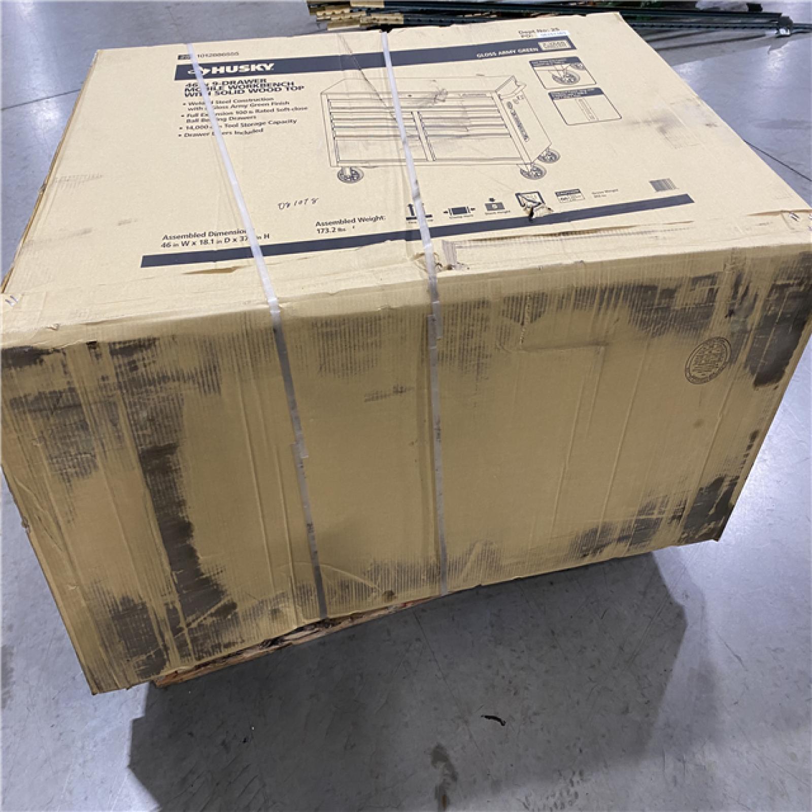 DALLAS LOCATION -Husky 46 in. W x 18.1 in. D 9-Drawer Army Green Mobile Workbench Cabinet with Solid Wood Top