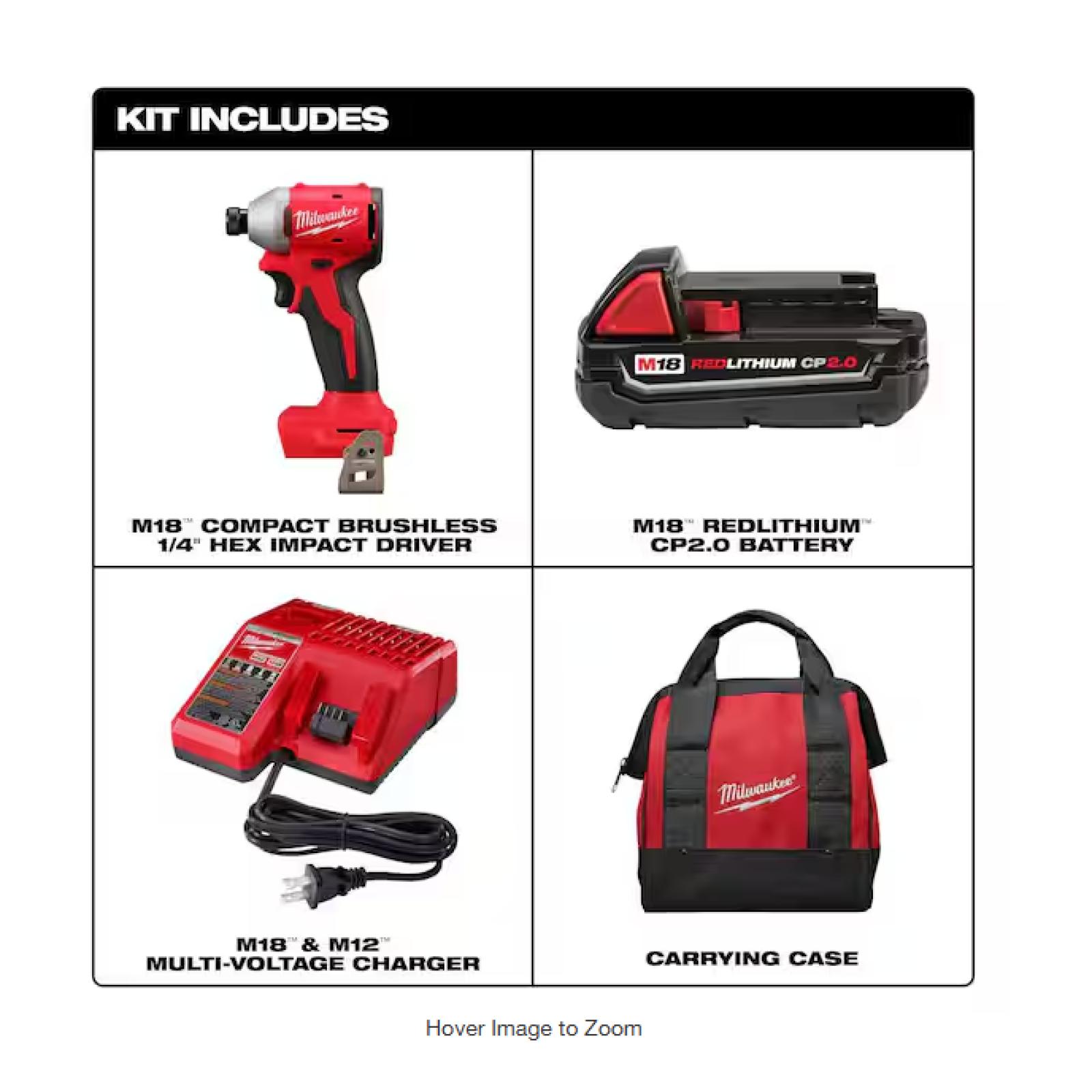 NEW! - Milwaukee M18 18-Volt Lithium-Ion Compact Brushless Cordless 1/4 in. Impact Driver Kit - 2 UNITS