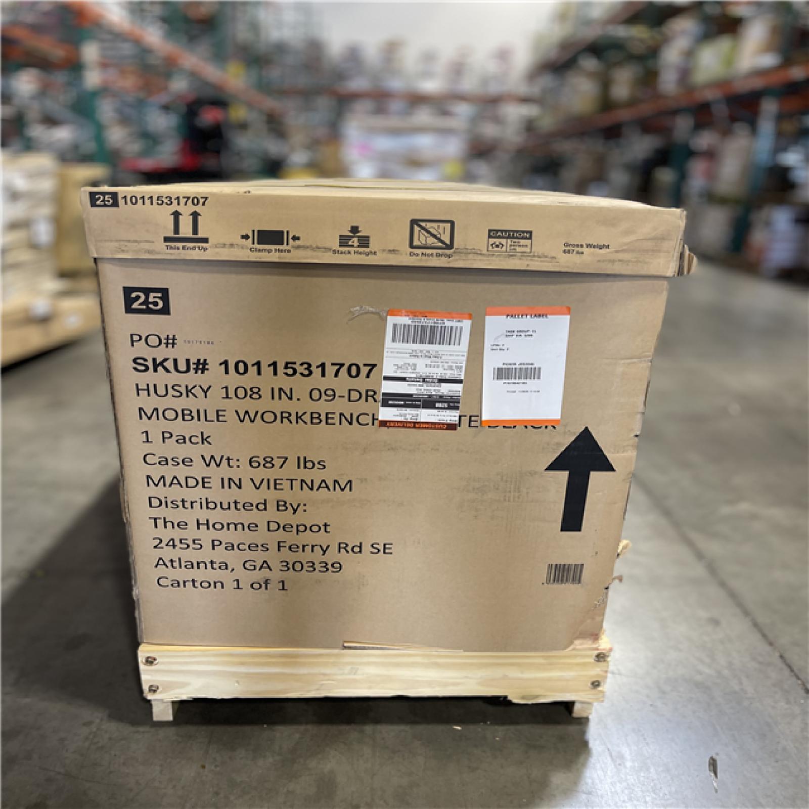 DALLAS LOCATION - Husky 108 in. W x 24 in. D 9-Drawer Heavy-Duty Mobile Workbench with Stainless Steel Top in Matte Black