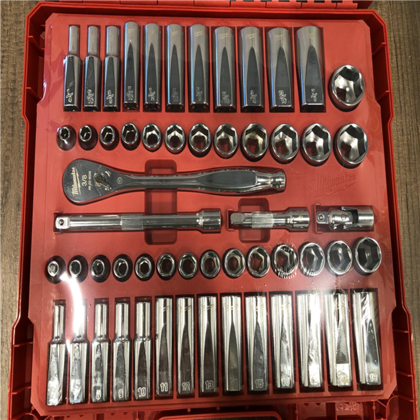 AS-IS Milwaukee 3/8 in. Drive SAE/Metric Ratchet and Socket Mechanics Tool Set (56-Piece)