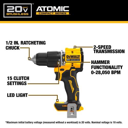 NEW - DEWALT 20V MAX Lithium-Ion Brushless Cordless Compact Series 1/2 Hammer Drill (Tool Only)