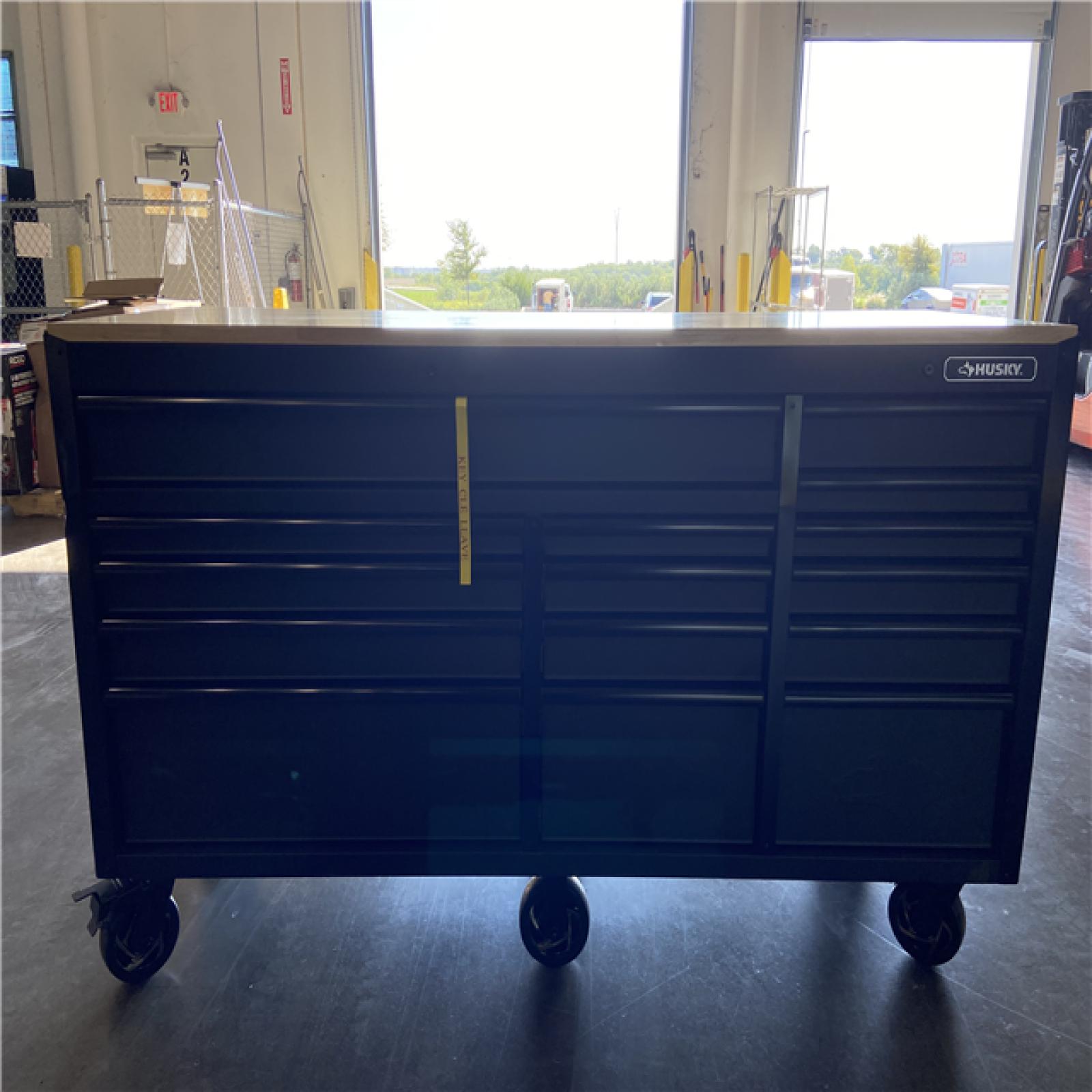 DALLAS LOCATION - Husky Heavy-Duty 72 in. W x 24 in. D 15-Drawer Matte Black Mobile Workbench Cabinet with Solid Wood Top