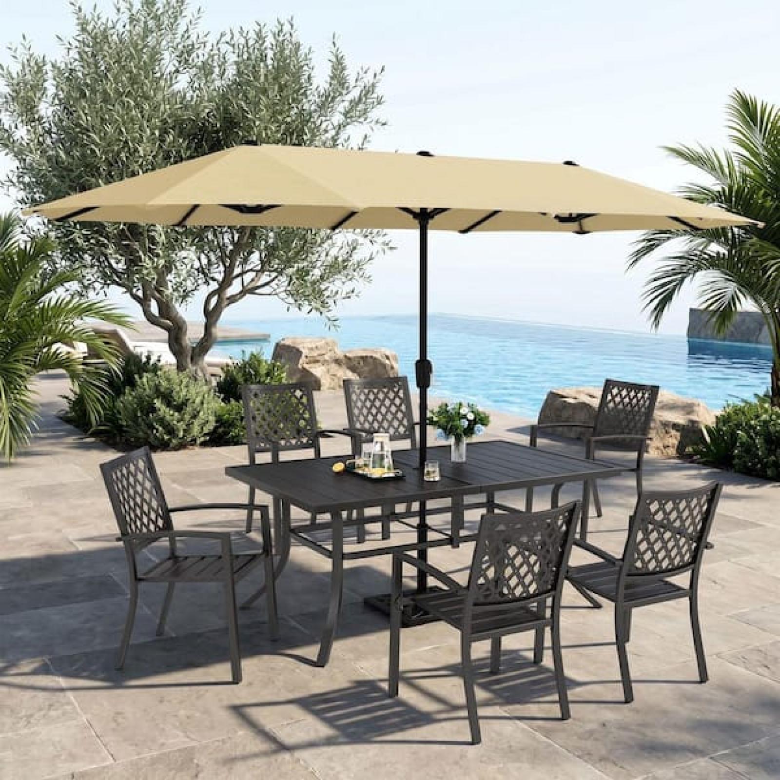 Phoenix NEW PHI VILLA 8-Piece Metal Outdoor Patio Dining Set with Umbrella and Stackable Chairs
