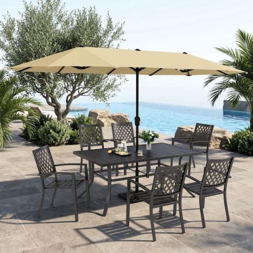 Phoenix NEW PHI VILLA 8-Piece Metal Outdoor Patio Dining Set with Umbrella and Stackable Chairs