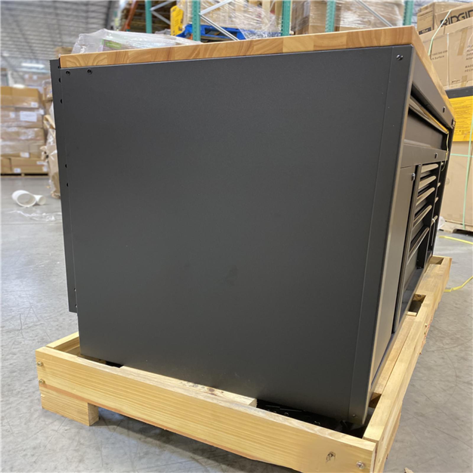 DALLAS LOCATION - Husky 61 in. W x 26 in. D Heavy Duty 10-Drawer 1-Door Mobile Workbench with Hardwood Top, Pegboard and Shelf in Matte Black