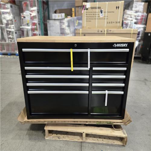 DALLAS LOCATION- HUSKY 52 in. W x 25 in. D Standard Duty 9-Drawer Mobile Workbench Tool Chest with Solid Wood Top in Gloss Black