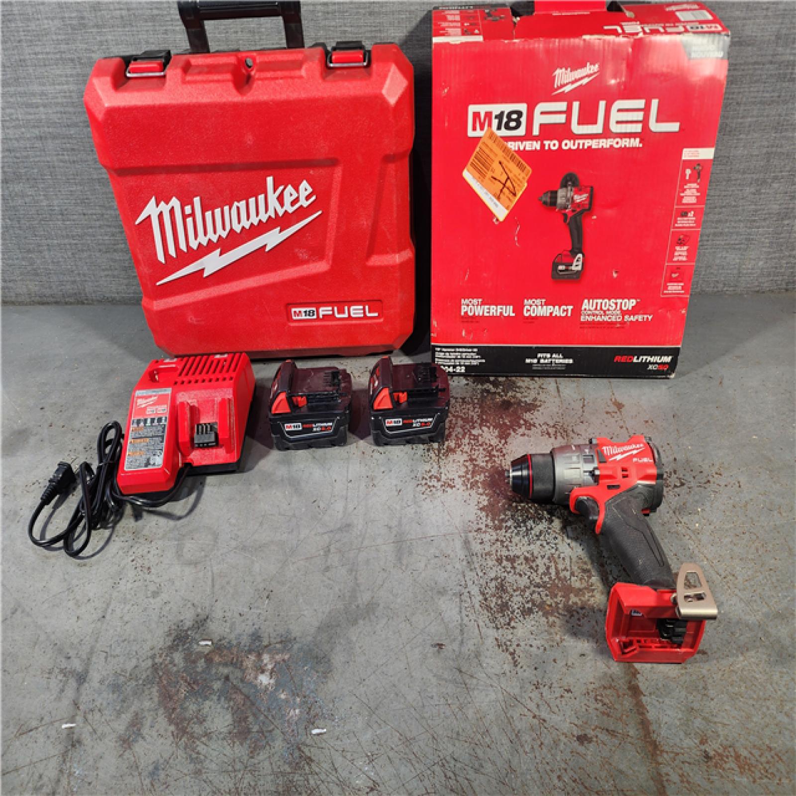 HOUSTON LOCATION - AS-IS Milwaukee 2904-22 Hammer Drill Driver Kit with Batteries  Charger & Tool Case  Red