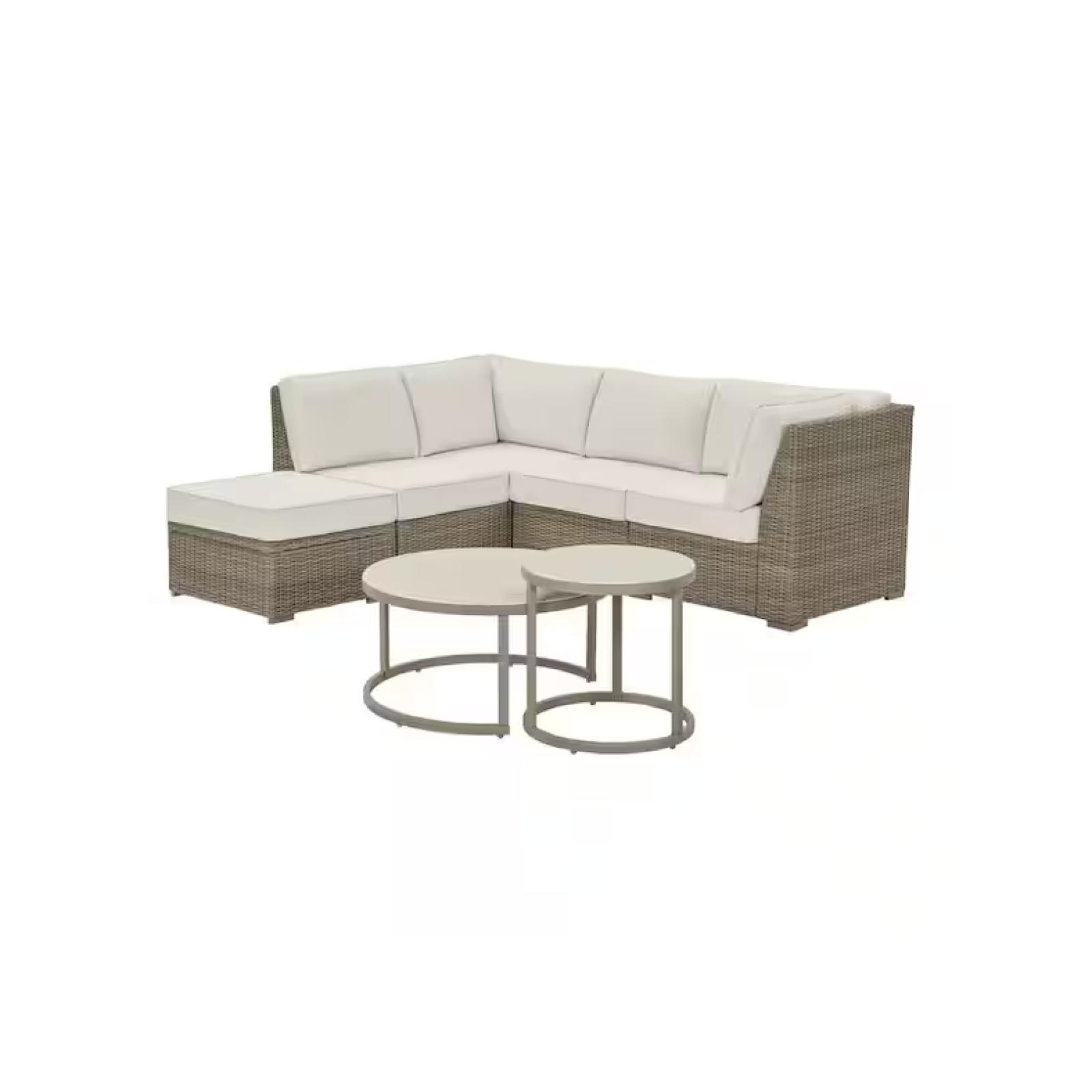 DALLAS LOCATION - Hampton Bay Holly Cove 7-Piece Wicker Outdoor Sectional Set with CushionGuard Almond Cushions