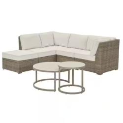 DALLAS LOCATION - Hampton Bay Holly Cove 7-Piece Wicker Outdoor Sectional Set with CushionGuard Almond Cushions