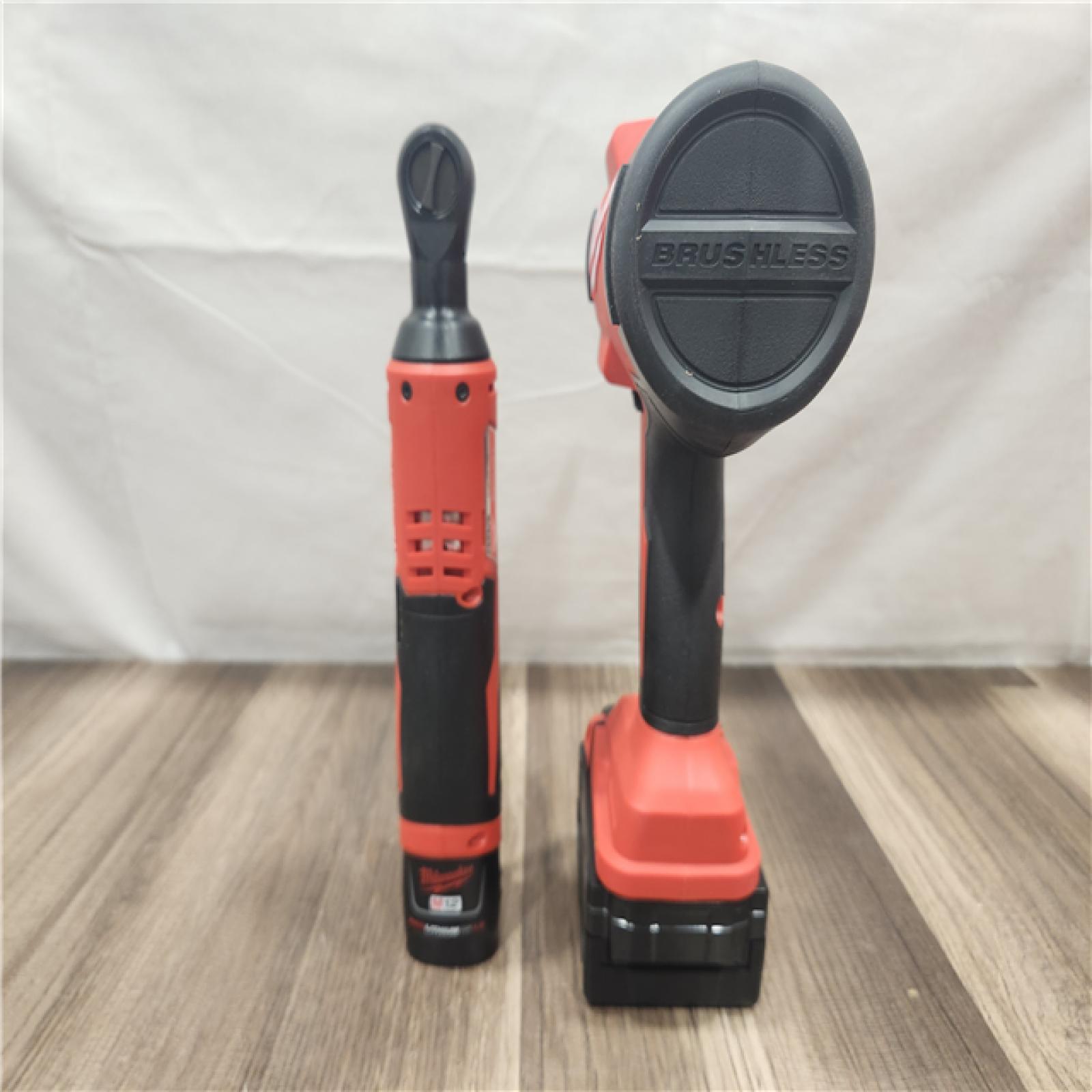 AS-IS- Milwaukee M12/M18 12/18V Lithium-Ion Cordless 3/8 in. Ratchet and 1/2 in. High Torque Impact Wrench with Friction Ring Combo Kit