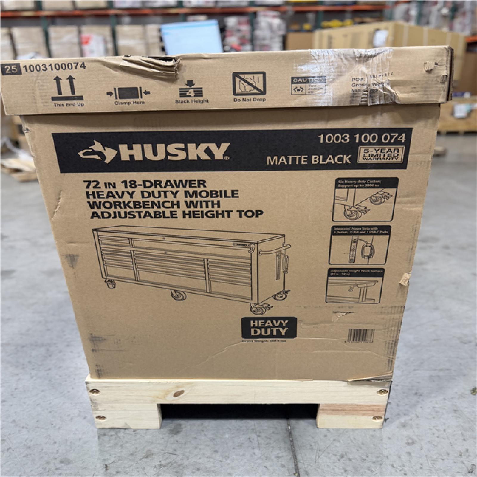 DALLAS LOCATION - Husky 72 in. W x 24 in. D Heavy Duty 18-Drawer Mobile Workbench Cabinet with Adjustable-Height Hardwood Top in Matte Black
