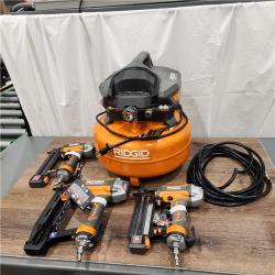 AS-IS RIDGID 6 Gal. Portable Electric Pancake Air Compressor W/ 18GA Brad Nailer, 16GA Straight Finish Nailer, & 18GA Finish Stapler