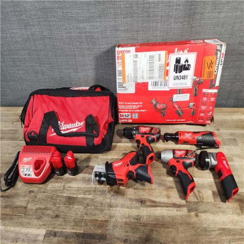 HOUSTON LOCATION - AS-IS (APPEARS LIKE NEW) MILWAUKEE M12 12V Lithium-Ion Cordless Combo Kit (5-Tool) with Two 1.5Ah Batteries, Charger & Tool Bag