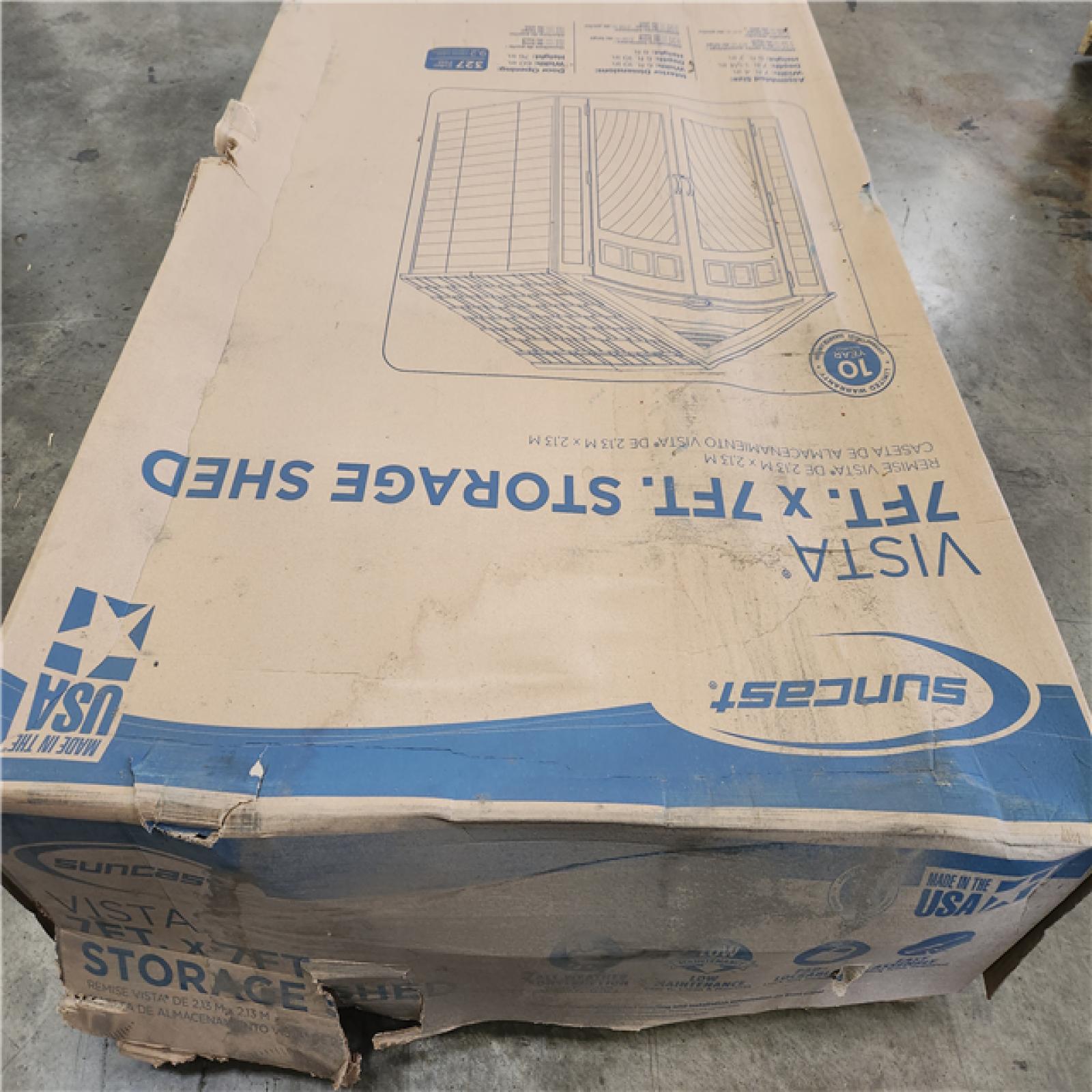 Phoenix AS-IS Suncast Vista 7 ft. W x 7 ft. D Plastic Resin Storage Shed with Floor (50 sq. ft.) in Colonnade (Beige)