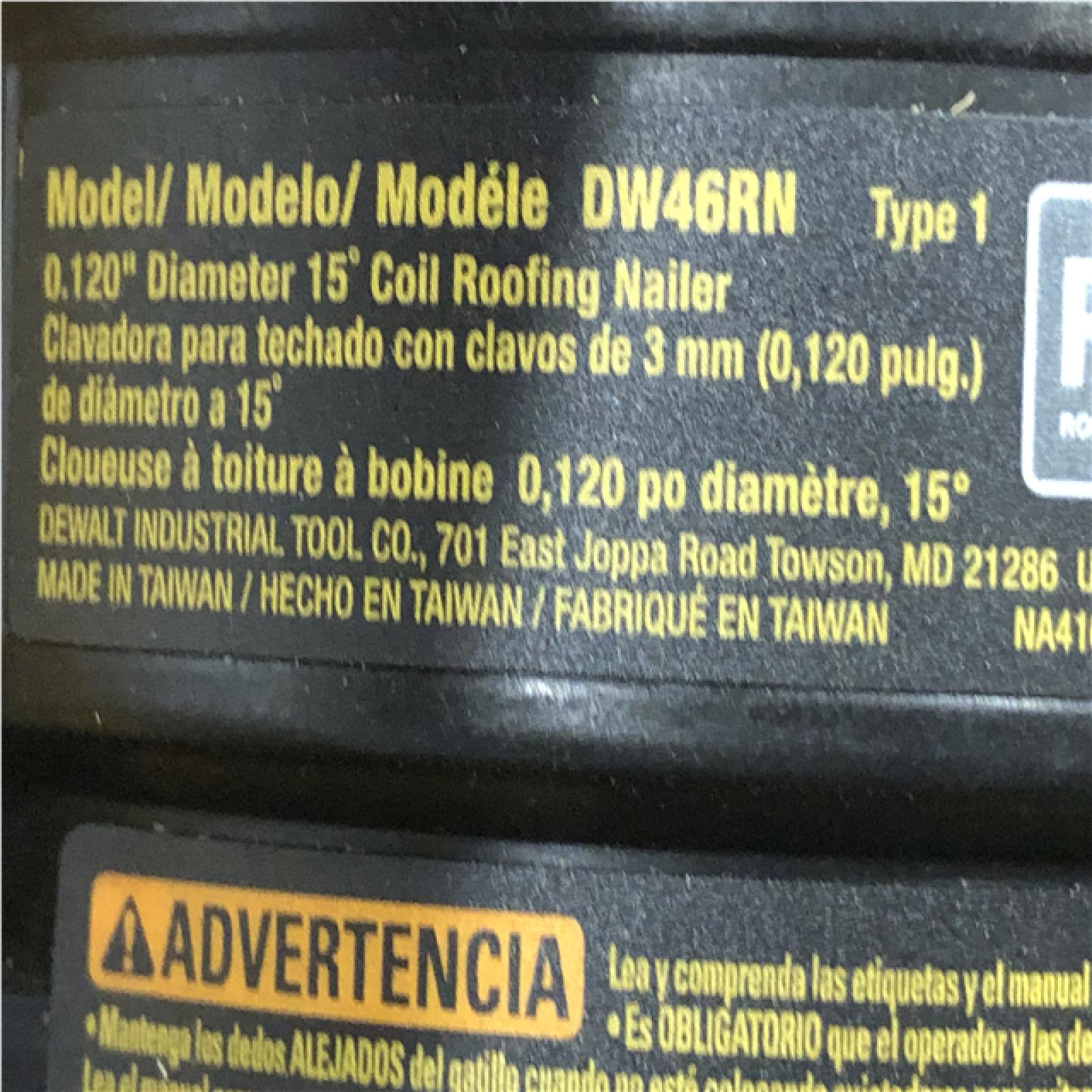 AS-IS DEWALT 1-3/4 in. 15 Degree Pneumatic Coil Roofing Nailer