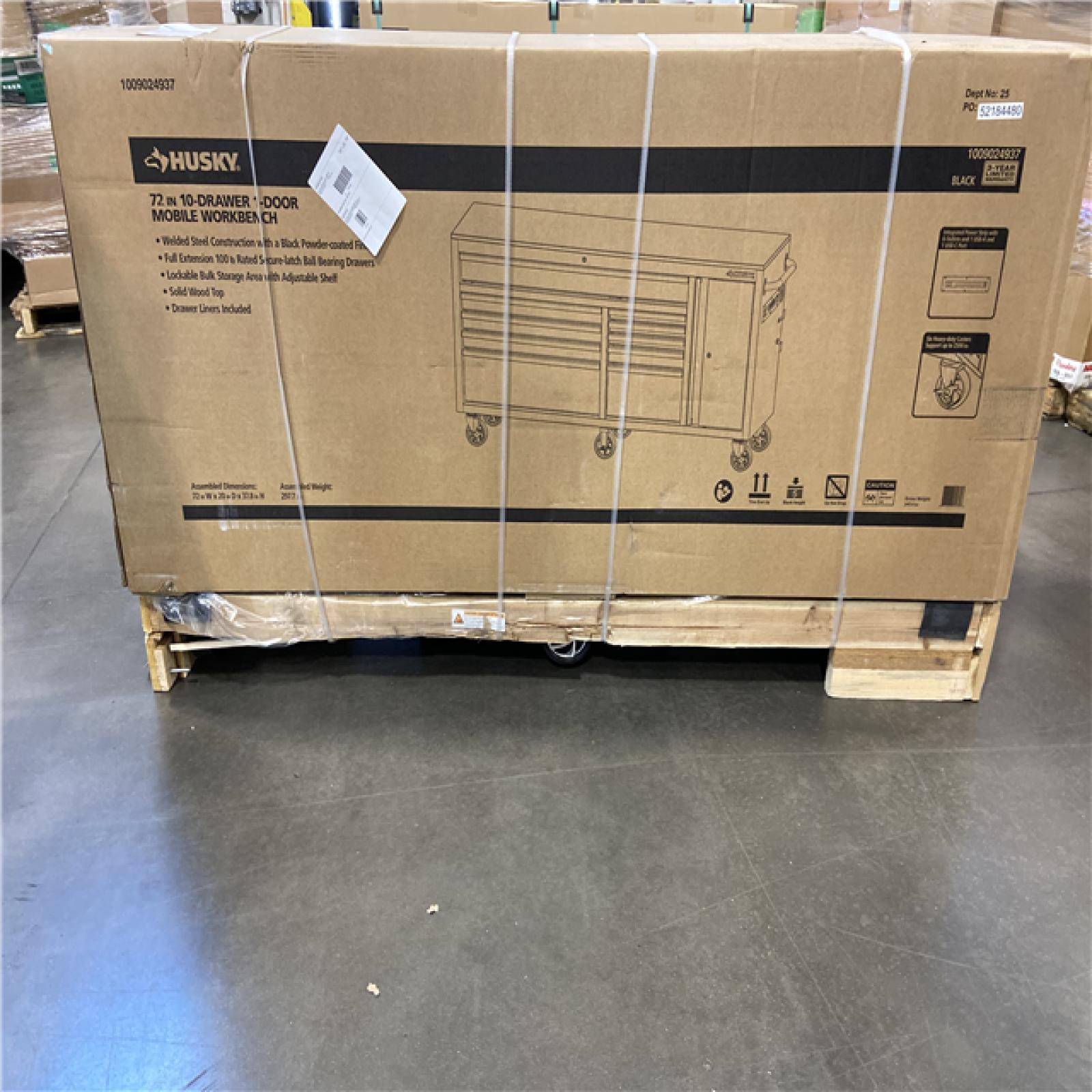 DALLAS LOCATION -  Husky Standard Duty 72 in. W x 20 in. D 10-Drawer Black Mobile Workbench Cabinet with Solid Wood Top