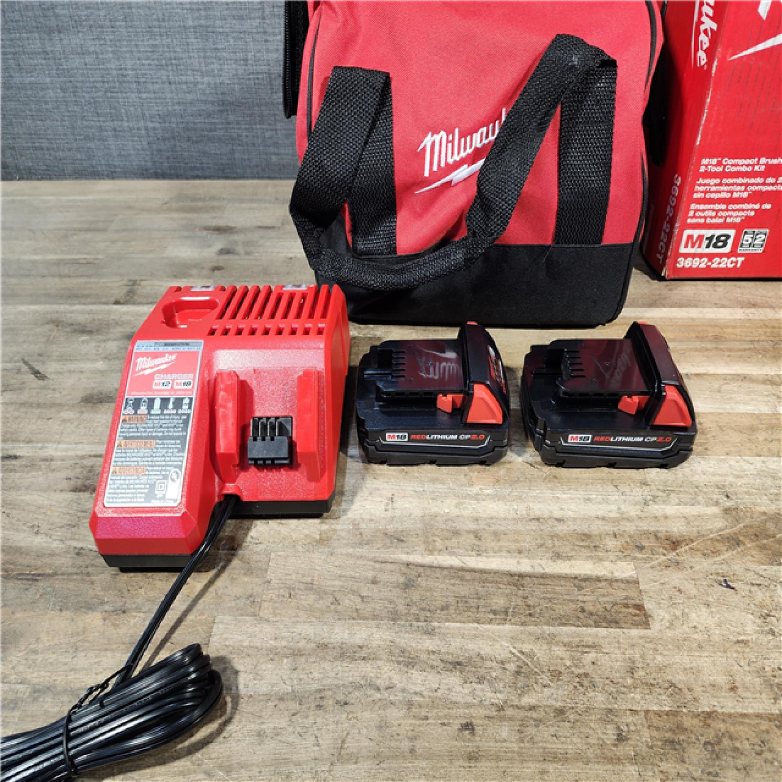 HOUSTON LOCATION - AS-IS Milwaukee M18 18V Lithium-Ion Brushless Cordless Compact Drill/Impact Combo Kit (2-Tool) W/(2) 2.0 Ah Batteries  Charger & Bag