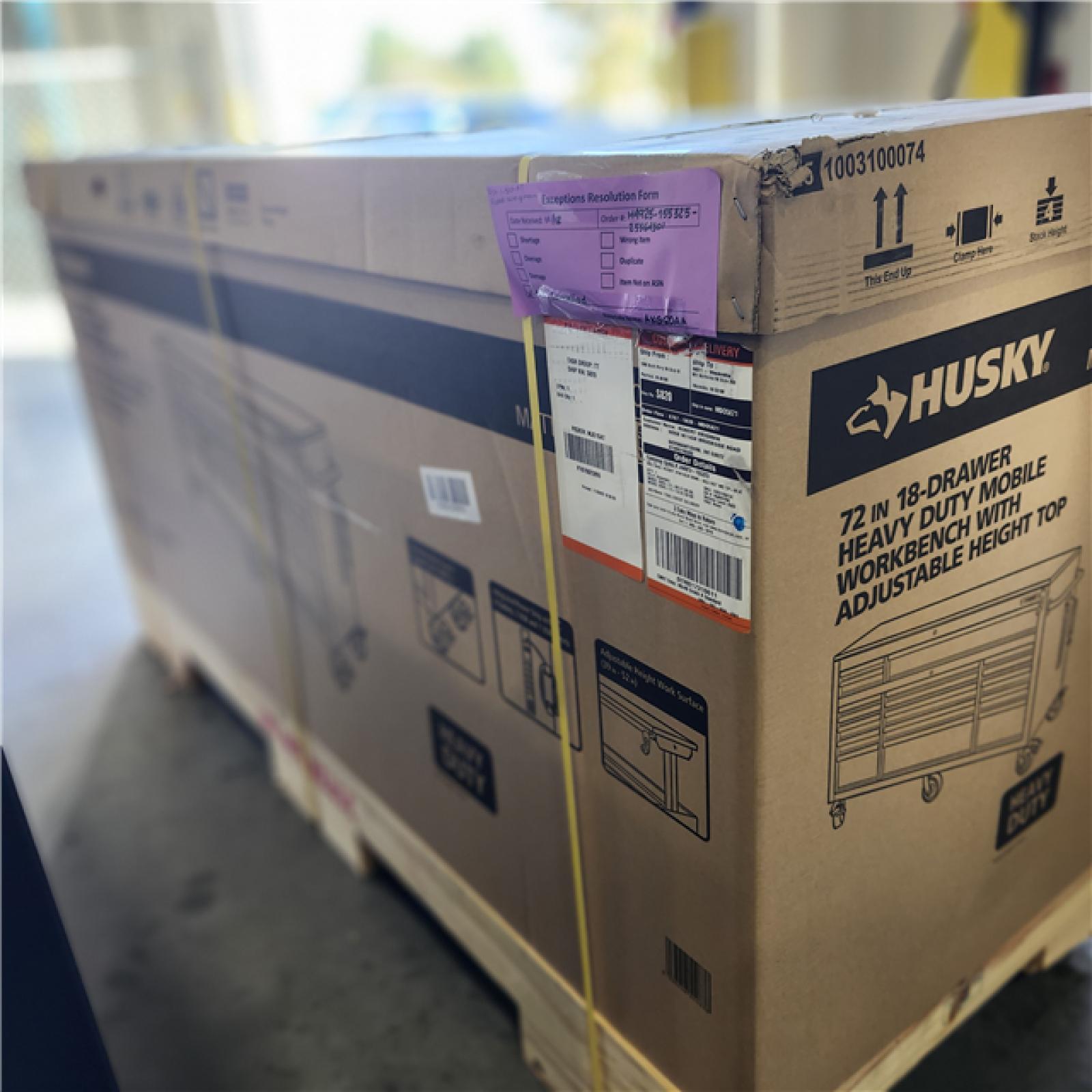 DALLAS LOCATION- Husky 72 in. W x 24 in. D Heavy Duty 18-Drawer Mobile Workbench Cabinet with Adjustable-Height Hardwood Top in Matte Black