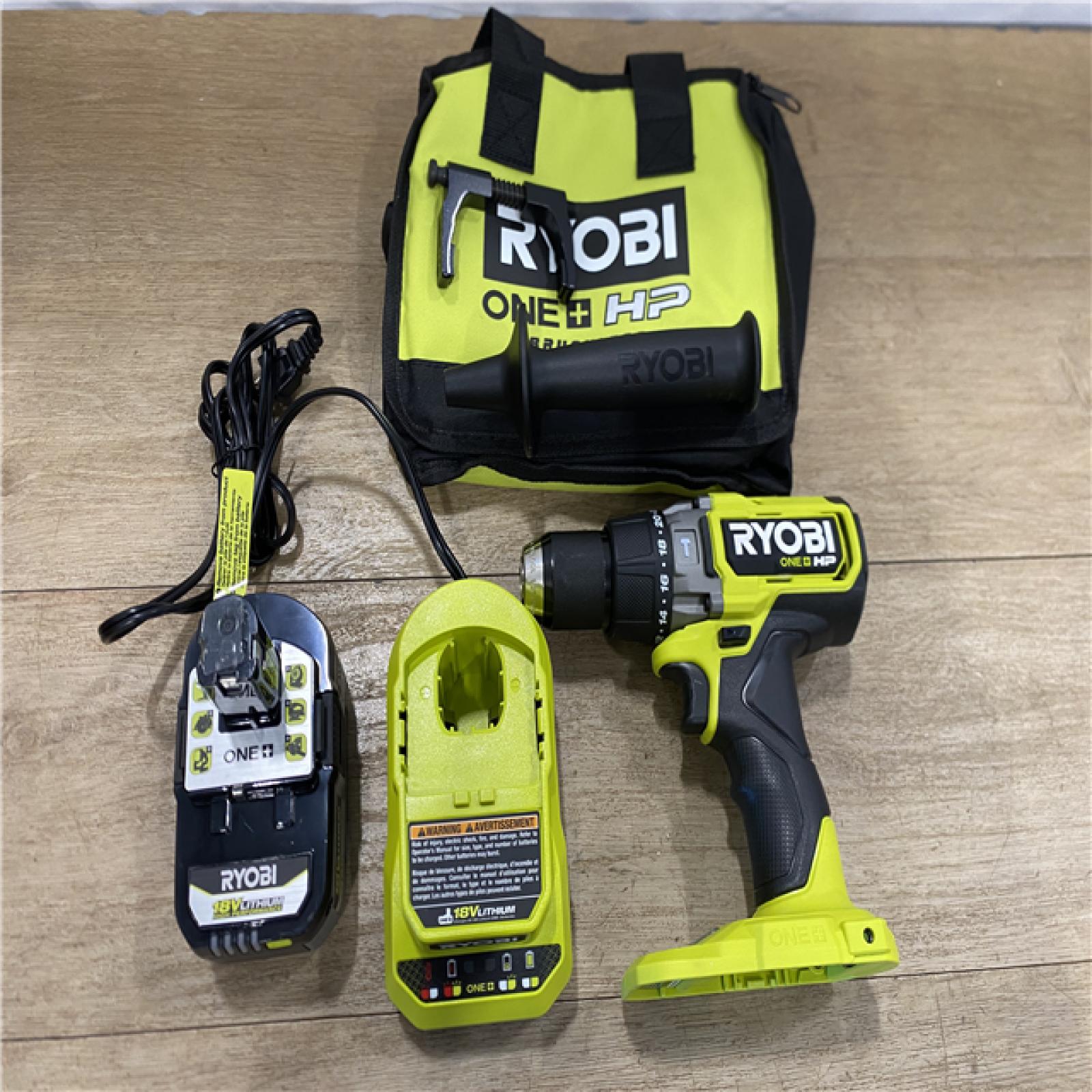 AS-IS RYOBI ONE+ HP 18V Brushless Cordless 1/2 in. Hammer Drill Kit 4.0 Ah HIGH PERFORMANCE Battery  Charger  and Bag