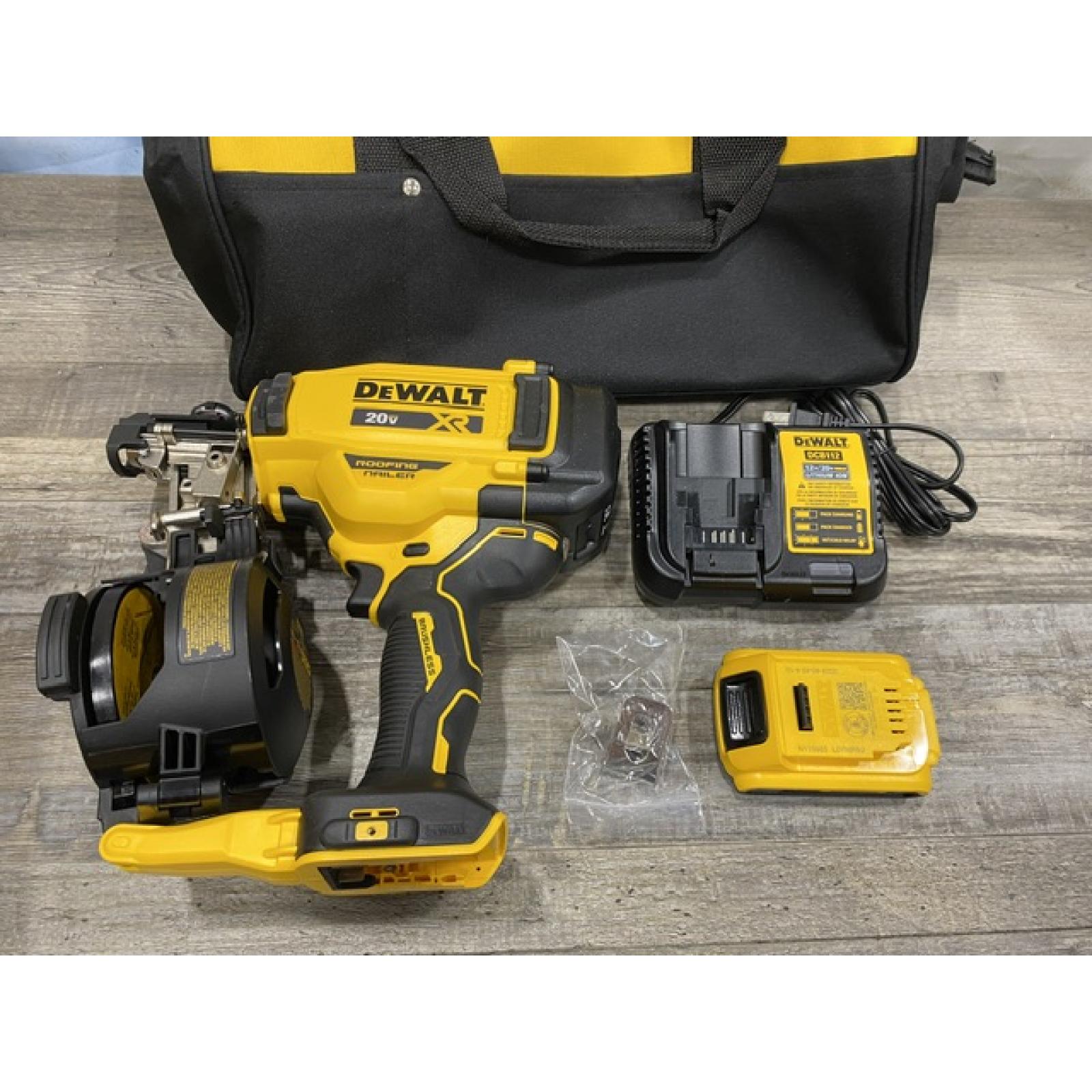 AS-IS DEWALT 20V MAX Lithium-Ion 15-Degree Electric Cordless Roofing Nailer Kit