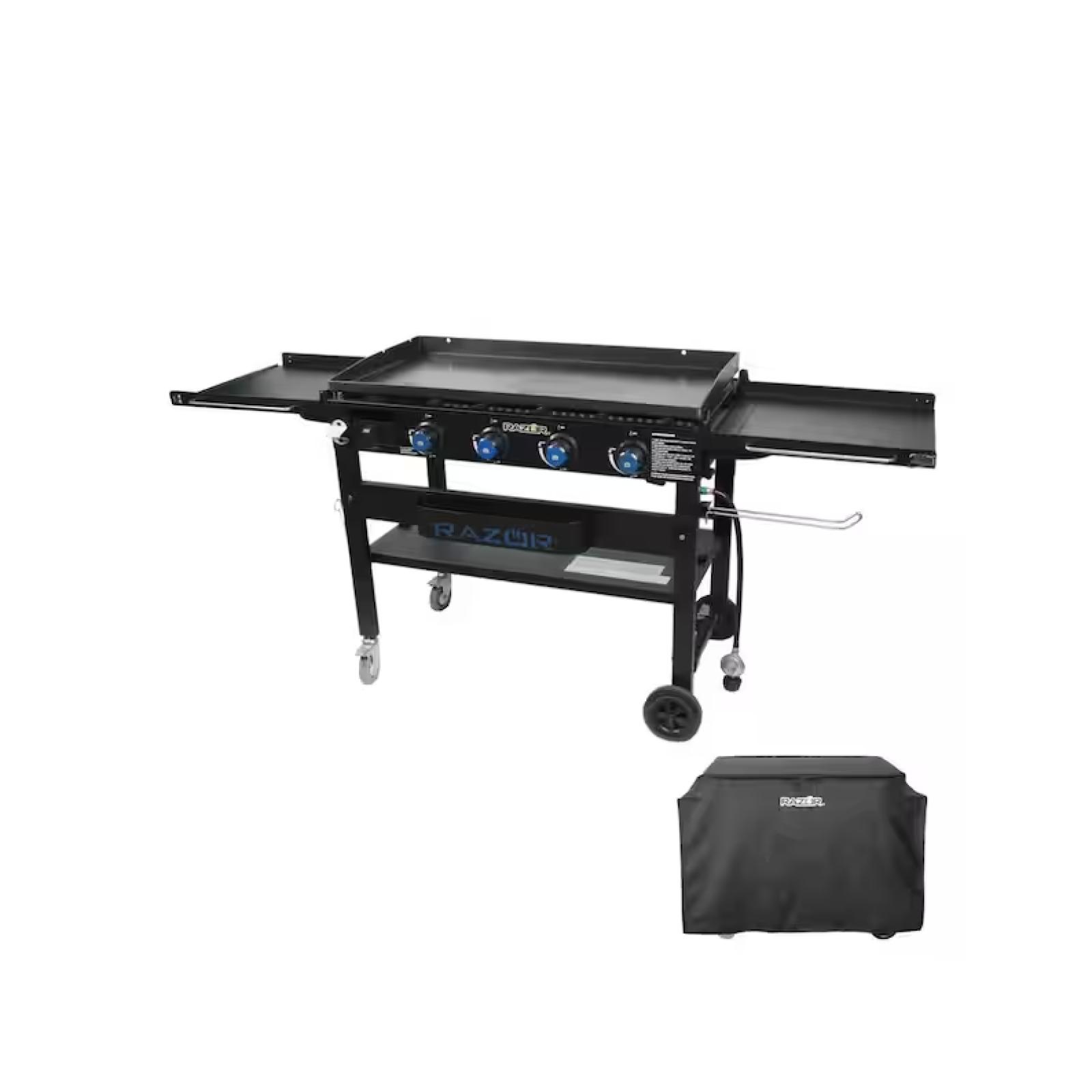 DALLAS LOCATION - Razor 37 in. 4-Burner Portable Propane Gas Griddle Flat Top Grill in Black with Foldable Shelves and Cover PALLET-(4 UNITS)
