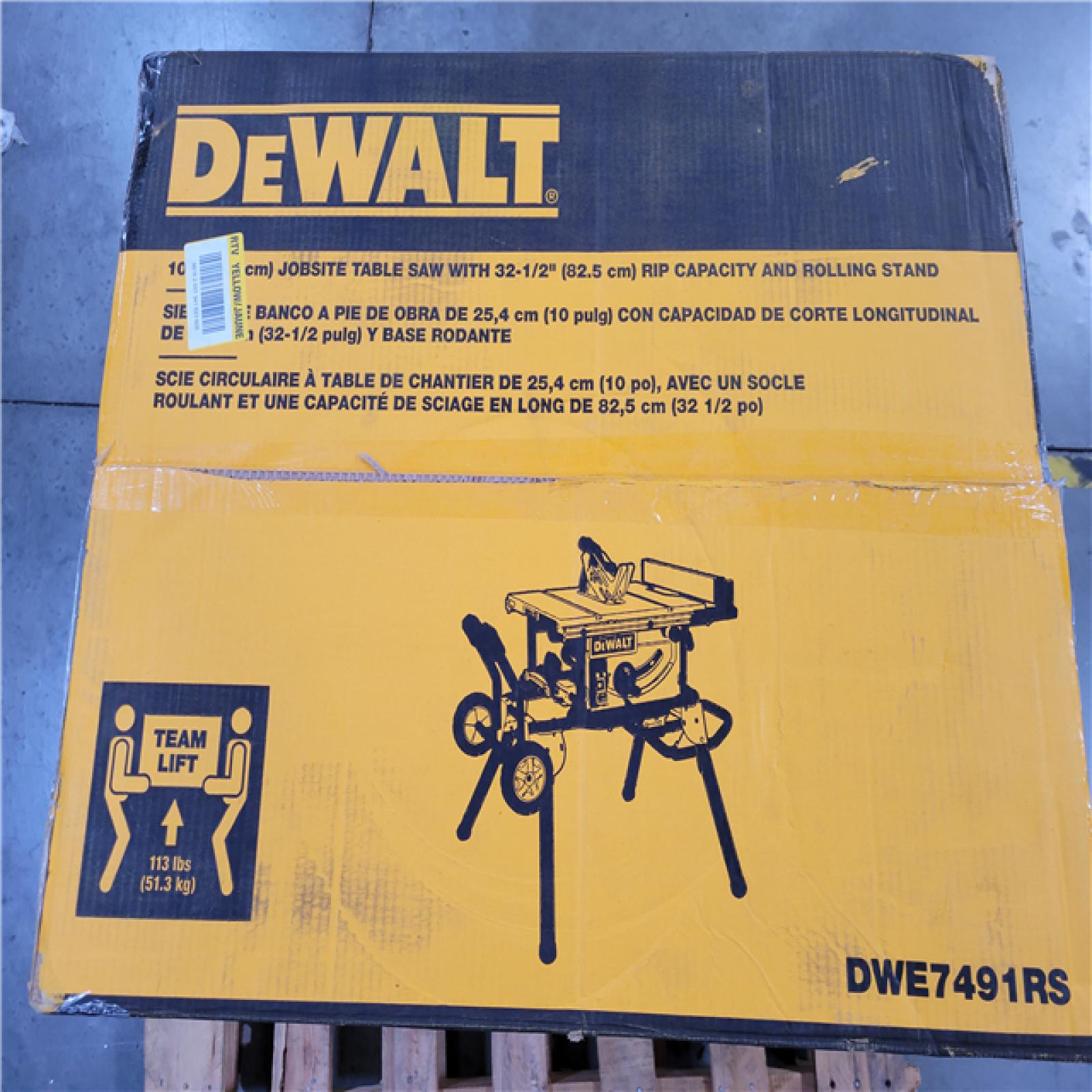 CALIFORNIA AS-IS DEWALT 10 (25.4cm) JOBSITE TABLE SAW WITH 32-1/2 (82.5cm) RIP CAPACITY AND ROLLING STAND