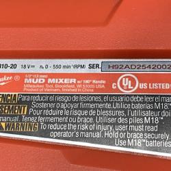 AS-IS Milwaukee FUEL 18V Lithium-Ion Brushless Cordless 1/2 in. Mud Mixer (Tool-Only)