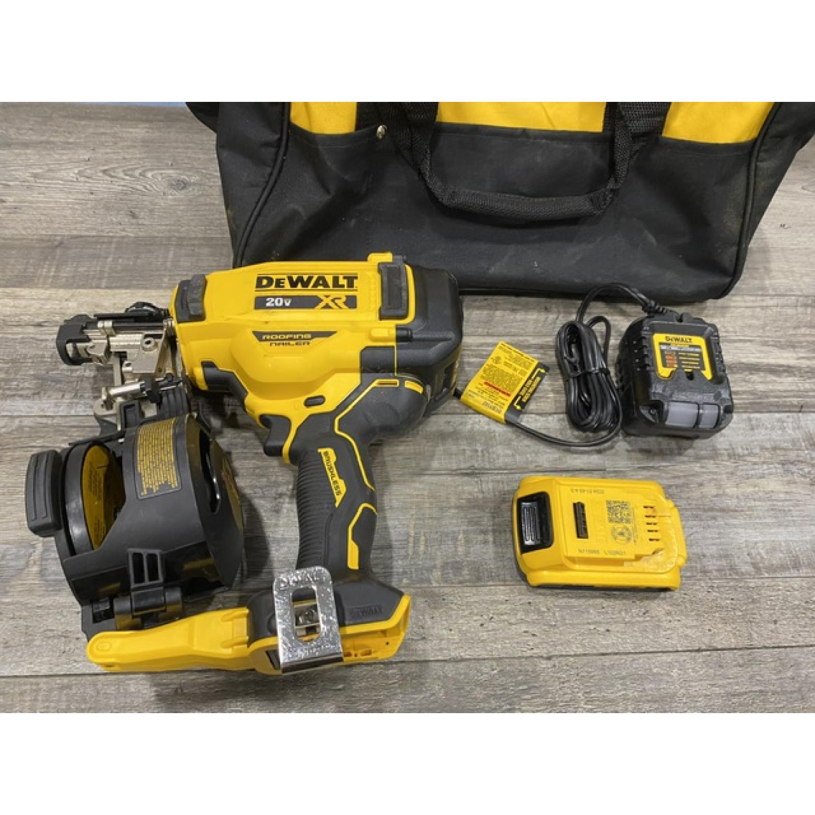 AS-IS DEWALT 20V MAX Lithium-Ion 15-Degree Electric Cordless Roofing Nailer Kit