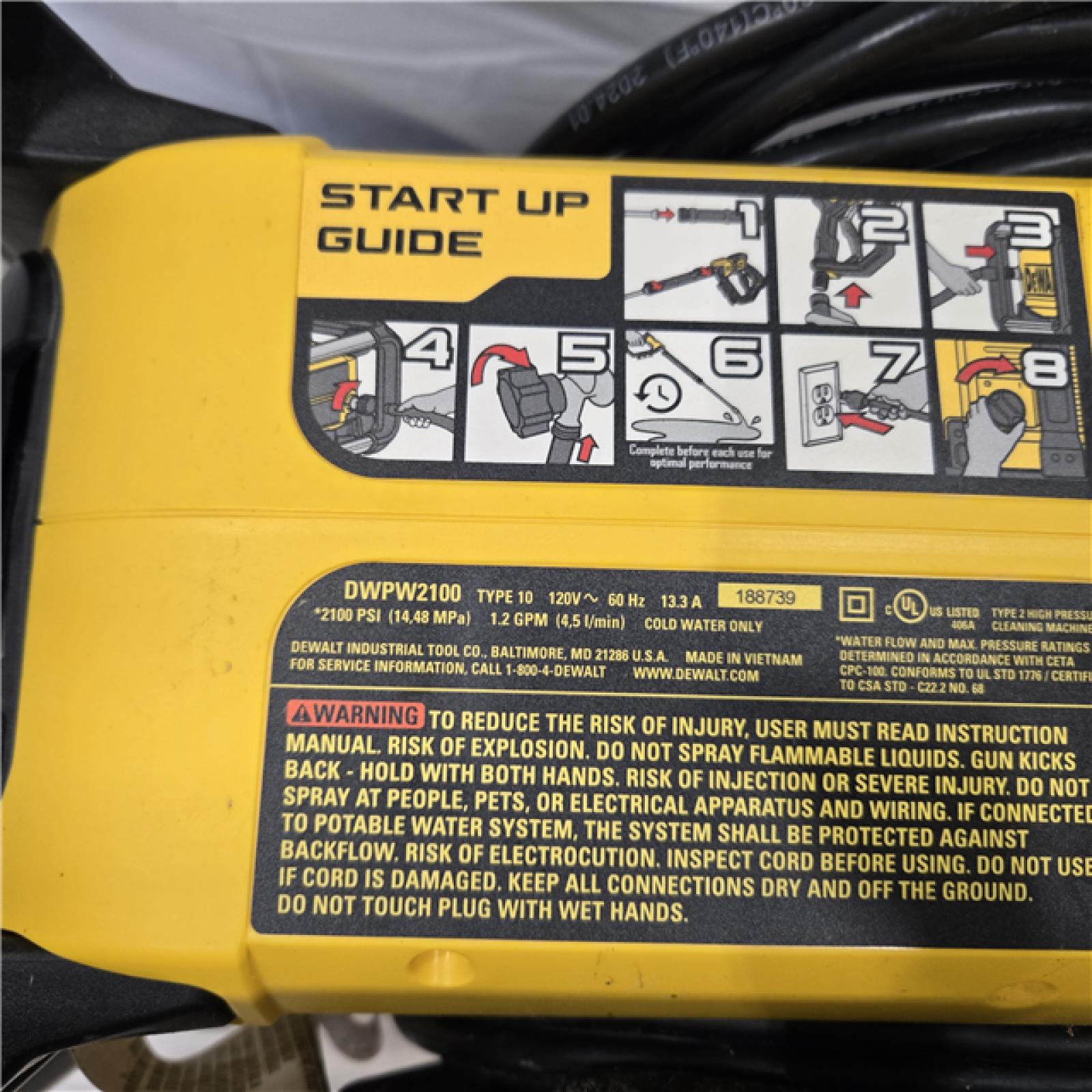 AS-IS DEWALT Electric Pressure Washer  2100 PSI  Jobsite Power Washer DWPW2100