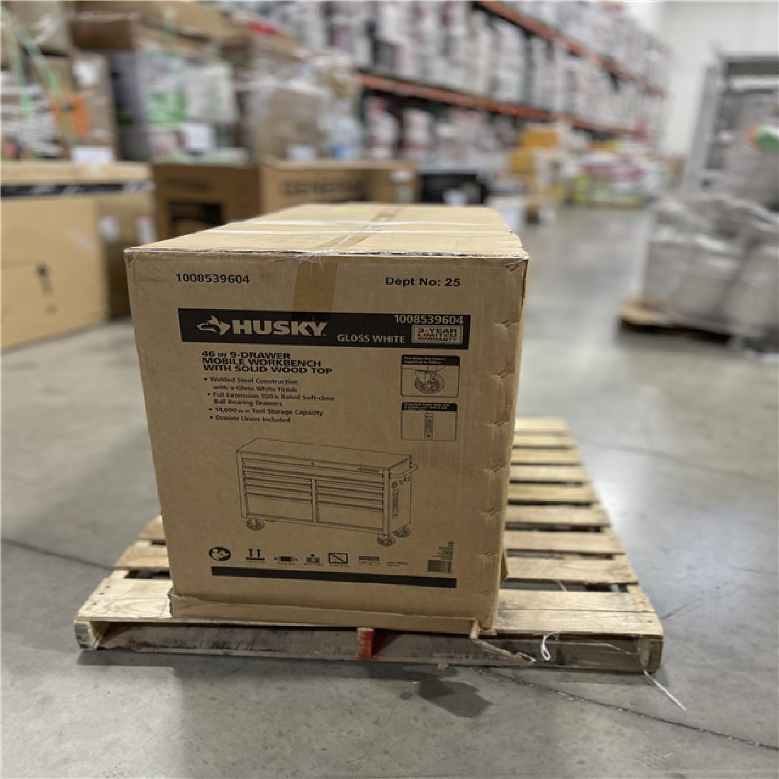 DALLAS LOCATION- NEW!- HUSKY 46 IN. W x 18.IN D 9-Drawer GLOSS WHITE MOBILE WORKBENCH