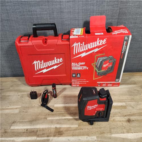 HOUSTON LOCATION - AS-IS MILWAUKEE 100 Ft. REDLITHIUM Lithium-Ion USB Green Rechargeable Cross Line Laser Level with Charger