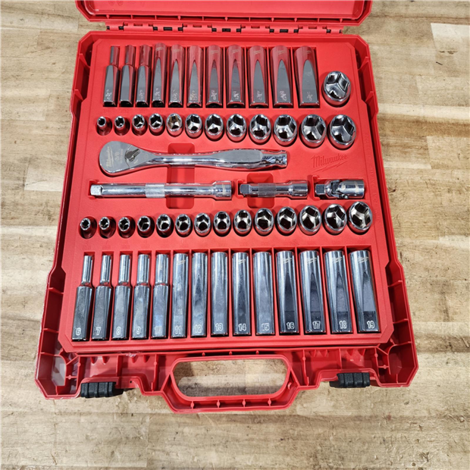 HOUSTON LOCATION - AS - IS Milwaukee 3/8 in. Drive SAE/Metric Ratchet and Socket Mechanics Tool Set (56-Piece)