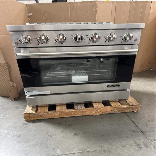 California AS-IS Duro 36 in 6-Burner Gas Range in Stainless Steel with Convection Oven Model FF3618; (Small dents on side)