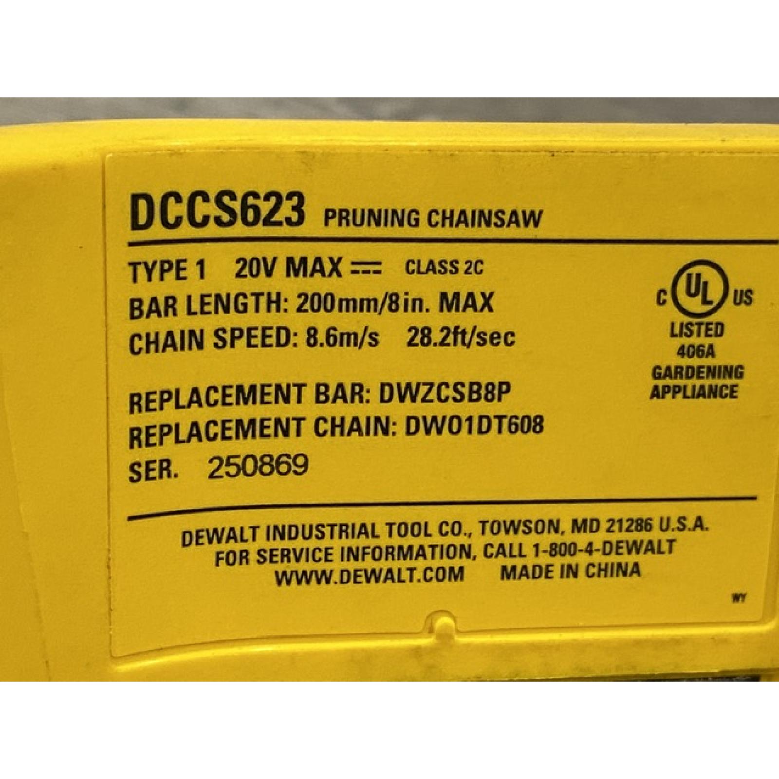 AS-IS DEWALT 20V MAX 8 in. Brushless Cordless Battery Powered Pruning Chainsaw (Tool Only)